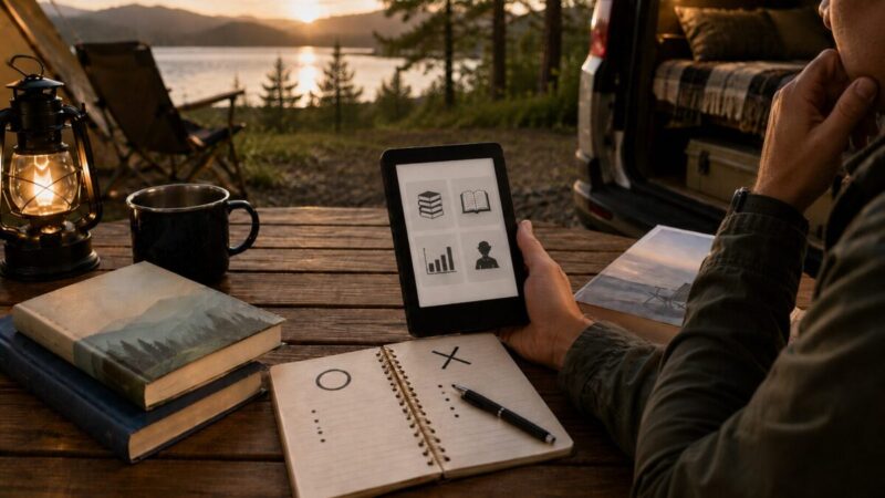 湖畔の車中泊キャンプで、電子書籍リーダーと紙の本を見比べながら読書サービスを検討する人物