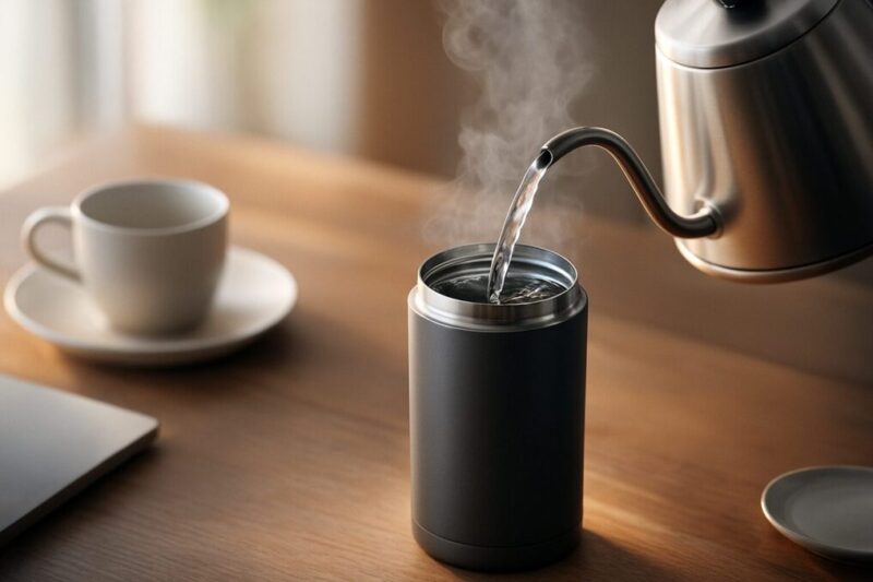 湯気の立つお湯を真空マグに注ぎながらホットドリンクの使い方をイメージした写真。