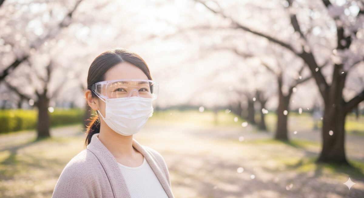 満開の桜が咲く春の公園で、花粉症対策の保護メガネと白いマスクを着用して穏やかに微笑む日本人の女性。