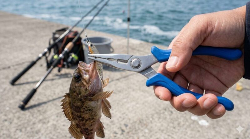 滑りにくいグリップのプライヤーで魚からフックを外す手元