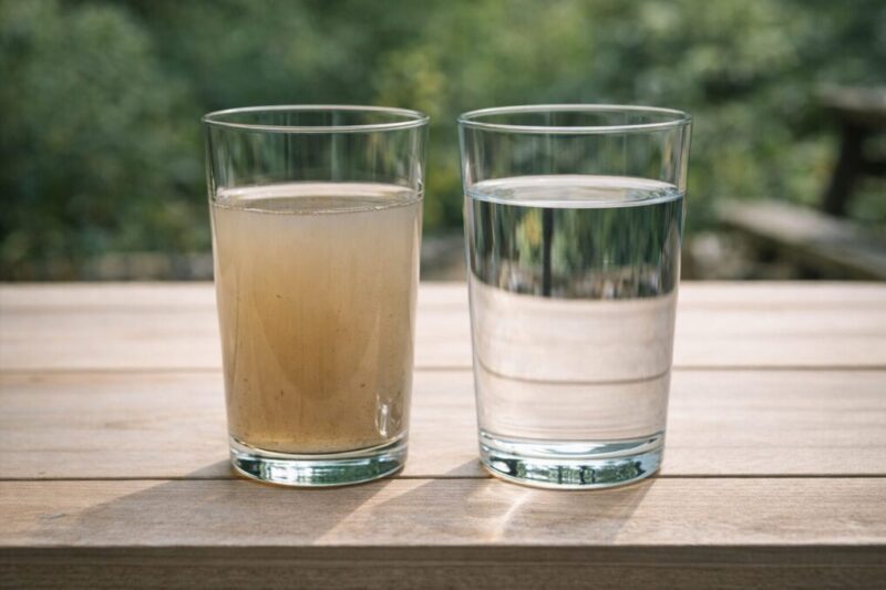 濁った水と浄水後の透明な水を並べて、安全な飲み水の基準を意識するイメージ