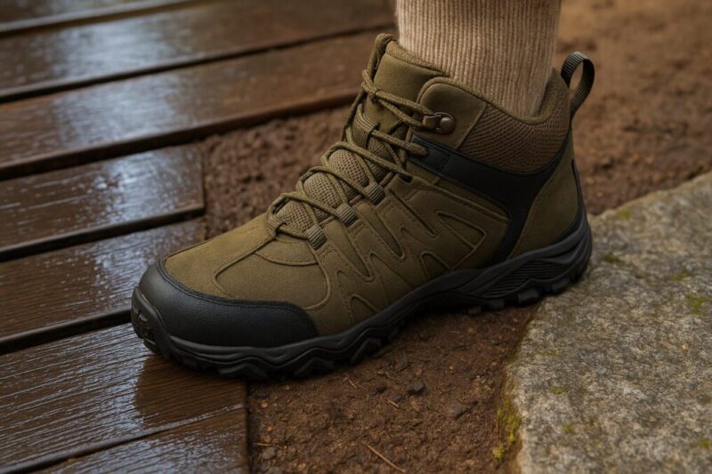 濡れた木道・土・岩の三つの路面に接する無地のミッドカット登山靴。深いラグでグリップと排水性を示す日本人の足元イメージ