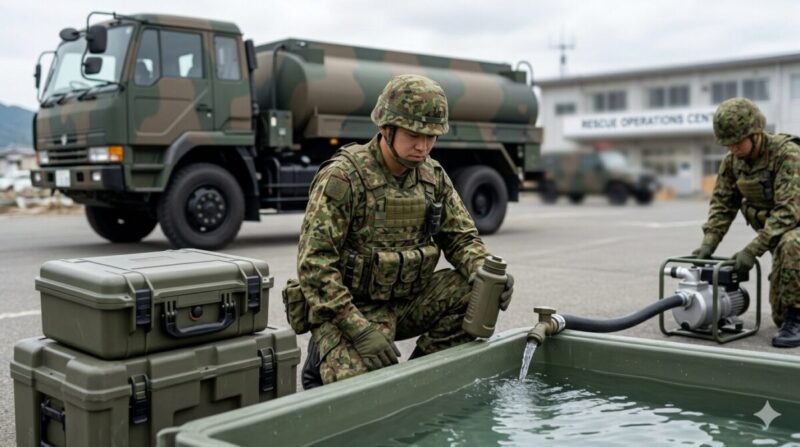 災害派遣をイメージさせる被災地で、陸上自衛隊員が数種類の携帯浄水器の性能を検証している様子。