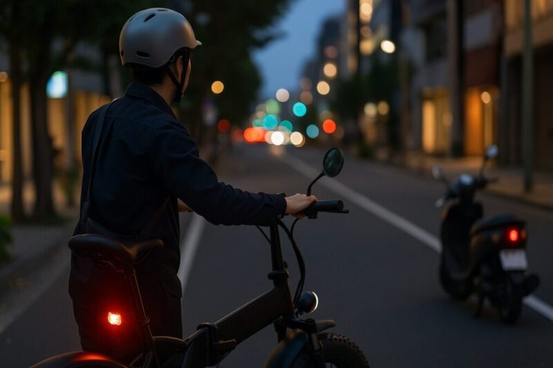 点灯するテールライトと、背景のぼけた原付が法規の違いを示すイメージ