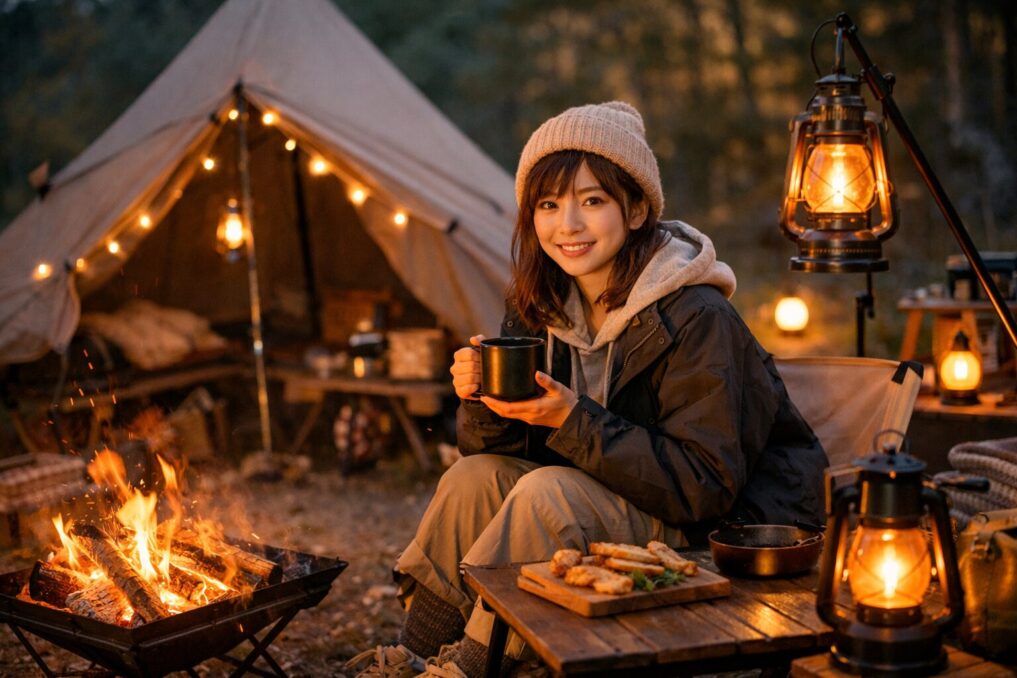焚き火と暖色ランタンに照らされた夕暮れのソロキャンプサイトで、マグを手にくつろぐ女性