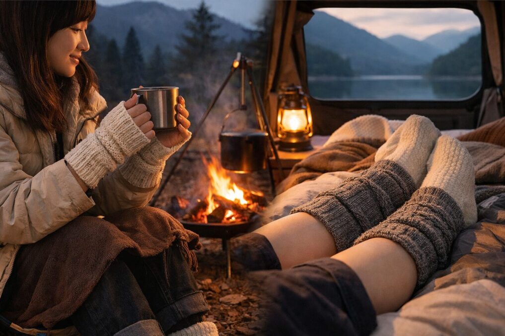 焚き火のそばで手元を温める様子と、車内で足首をレッグウォーマーで保温する様子を並べた冬の防寒イメージ