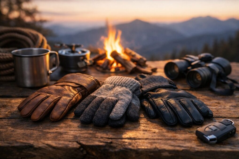 焚き火の暖かい光の中、木製テーブルに並べた複数のメンズ手袋とアウトドア小物のイメージ