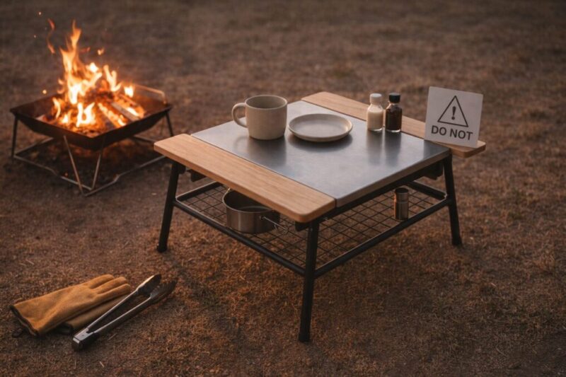 焚き火の近くで安全にテーブルを使うための配置チェックのイメージ。