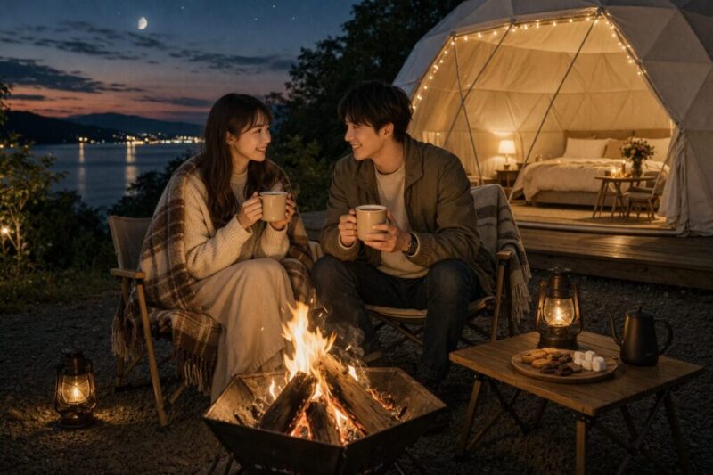 焚き火を囲みながら穏やかに過ごすキャンプ風デートの情景