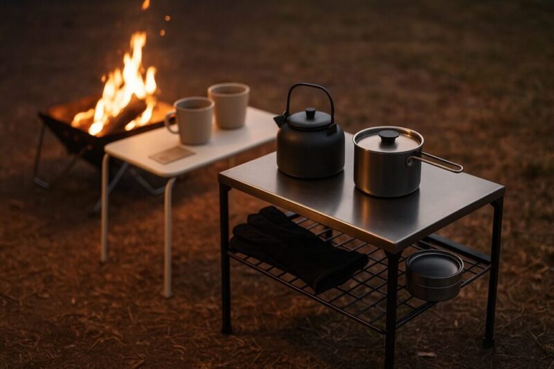 焚き火テーブルとIKEA系サブテーブルを併用して動線を分けたレイアウト。