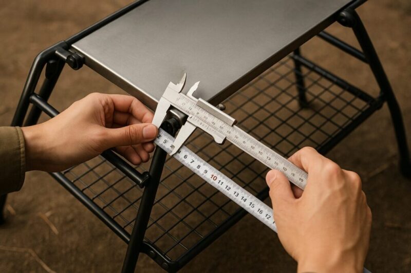 焚き火テーブルに合うサイズを測ってシンデレラフィットを確認する様子。