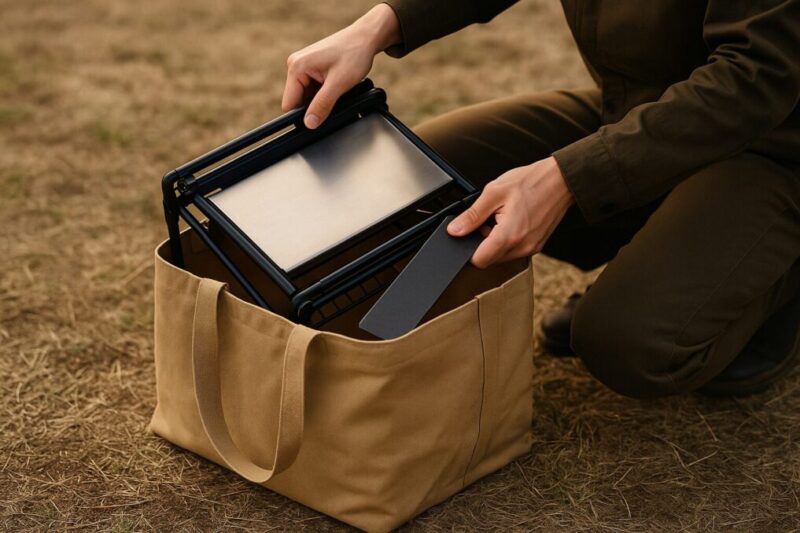 焚き火テーブルを代用ケースで持ち運ぶためのバッグ選びイメージ。