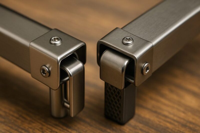 焚き火テーブル用オプションの純正品と互換品の取付部を並べて比較したクローズアップイメージ