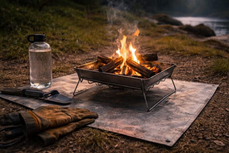 焚き火台と安全装備でルールを守って焚き火を楽しむイメージ