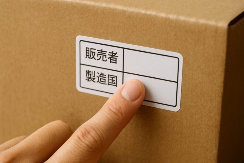 無地の外箱ラベルで販売者と製造国の欄を日本人の手が指差し確認している様子。