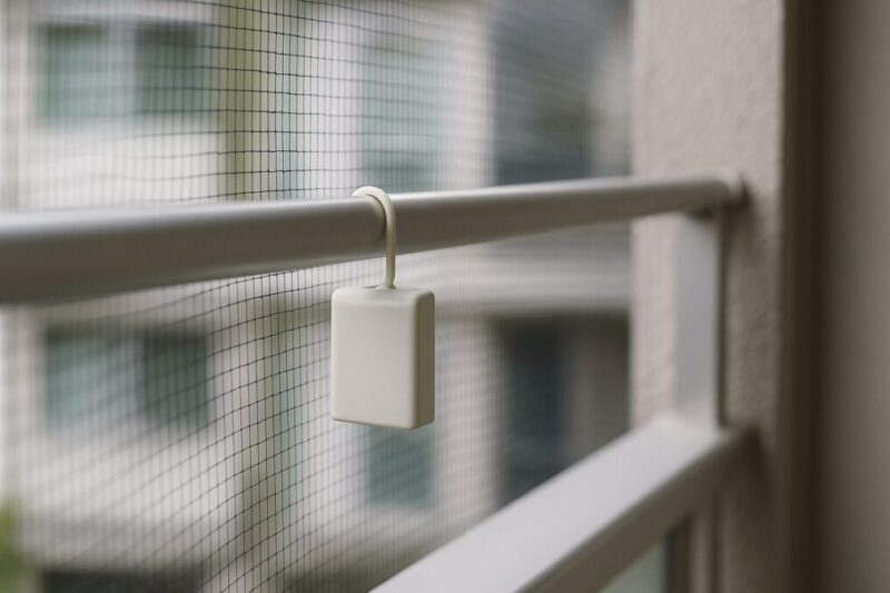 無地の小さな吊り下げケース（ノーブランド）を物干し竿近くに吊るし、背面に物理ネットが張られた賃貸ベランダイメージ