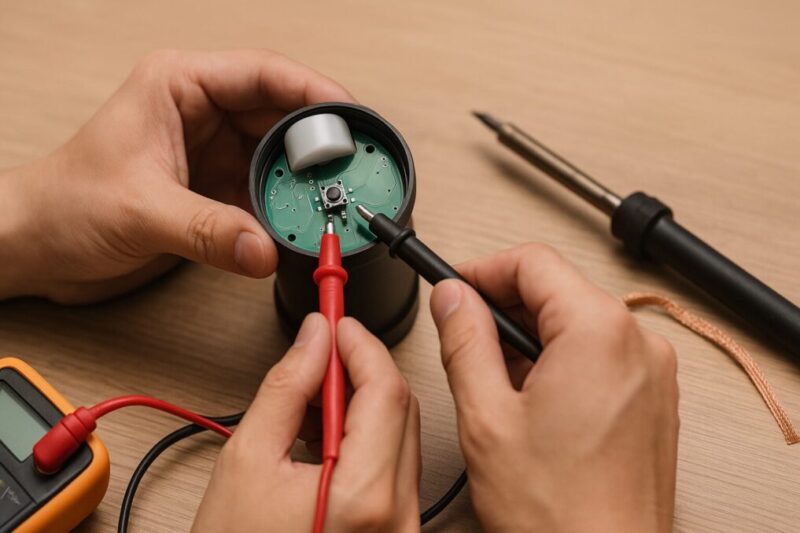 無地ランタンのタクトスイッチにテスターを当て、導通テストで不良を見極めている手元のクローズアップ。