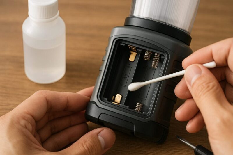 無地ランタンの電池室端子を綿棒でクリーニングしているクローズアップ。