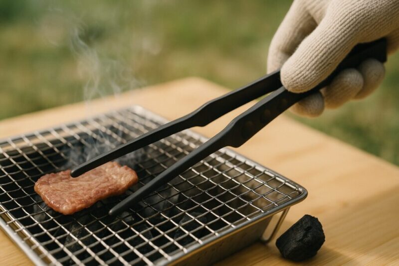 焼き網で食材を返す無地トングの使用シーン