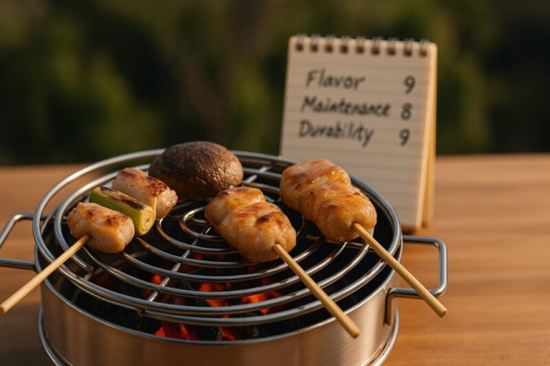 焼き網の串と、評価メモを背景に添えた「焼き味・メンテ性・耐久性」を想起させる写真イメージ