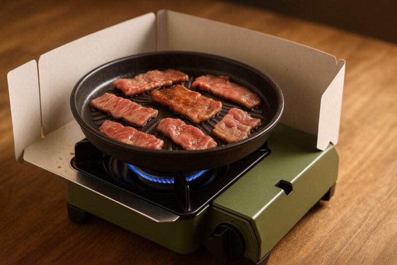 焼肉プレートSで薄切り肉を焼き、中央と外周で焼きムラと脂ハネの傾向が分かる使用シーン