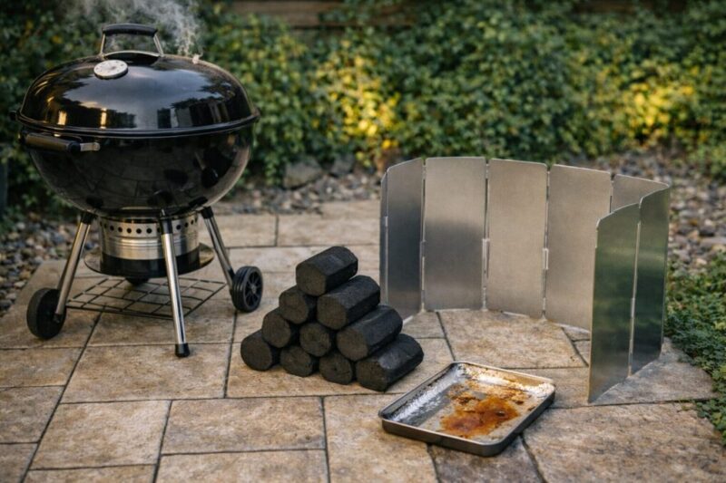 煙を抑える庭バーベキュー用グリルと燃料・風防の組み合わせ