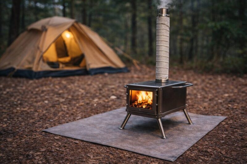 煙突ガードやスパッタシートでテント保護をしている薪ストーブ運用。