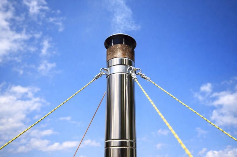 煙突上部の固定リングから3方向へガイラインを張っている様子