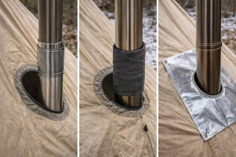 煙突保護パーツを使い分けてテント周辺を保護している様子