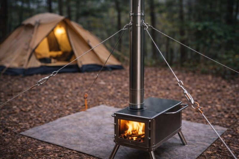 煙突固定ワイヤーを3点以上で張り、強風対策しているキャンプ設営。