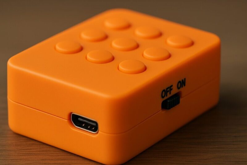 熊よけホーンの操作系ディテール。複数の丸ボタン、側面スライドスイッチ、micro-USB端子が見えるクローズアップ。