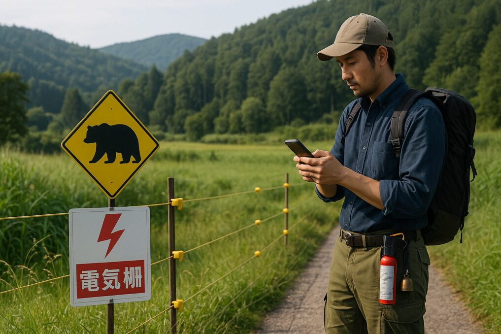 熊スプレーと熊鈴を装備して静かな山道を歩く日本人ハイカーが、熊対策を意識して森林を進んでいる様子