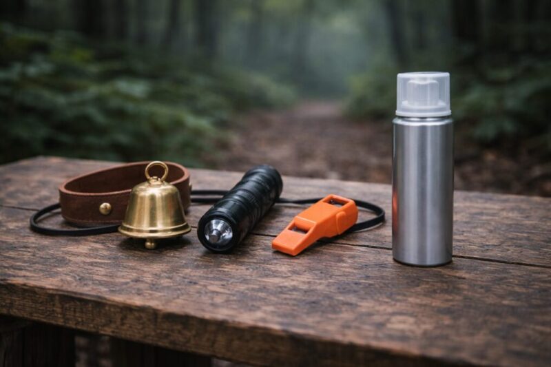 熊対策として優先度の高い携行品をテーブルに並べたイメージ