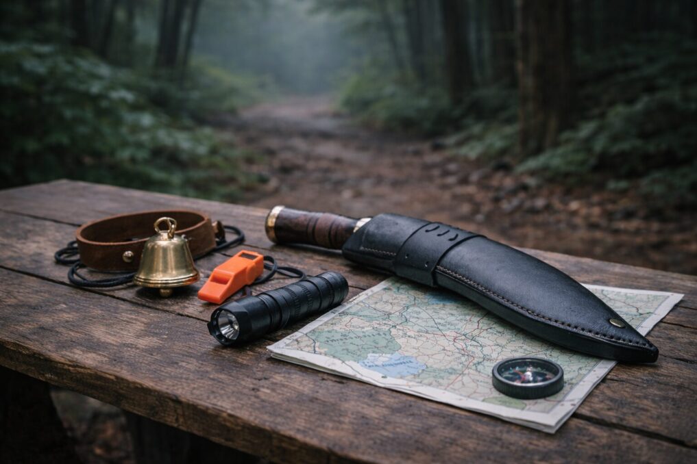 熊対策の装備一式を森の入口で点検するイメージ