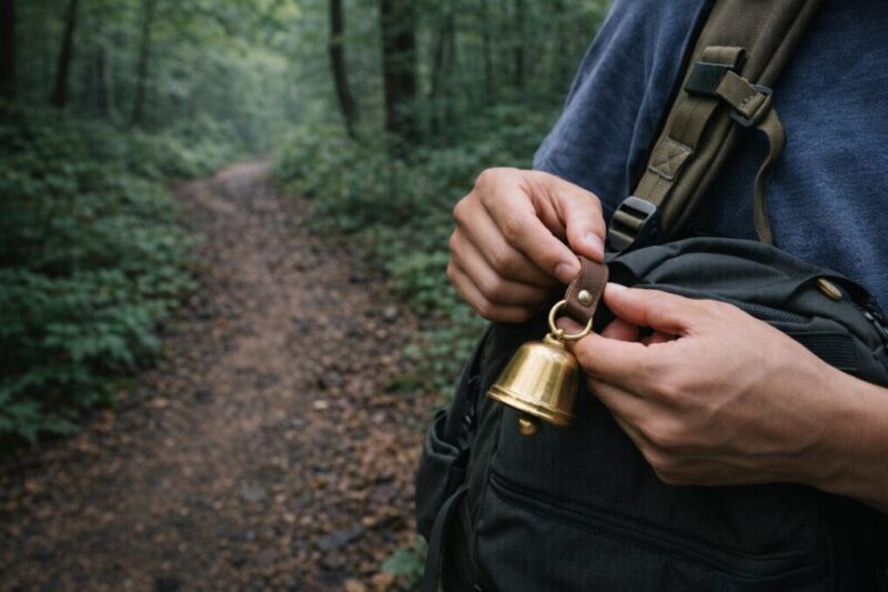 熊鈴を装着して存在を知らせる準備をしている手元