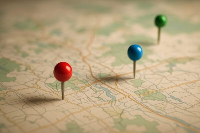 熊鈴を買える場所を示すイメージ。紙地図に3色のピンが刺さった抽象的なマップ。