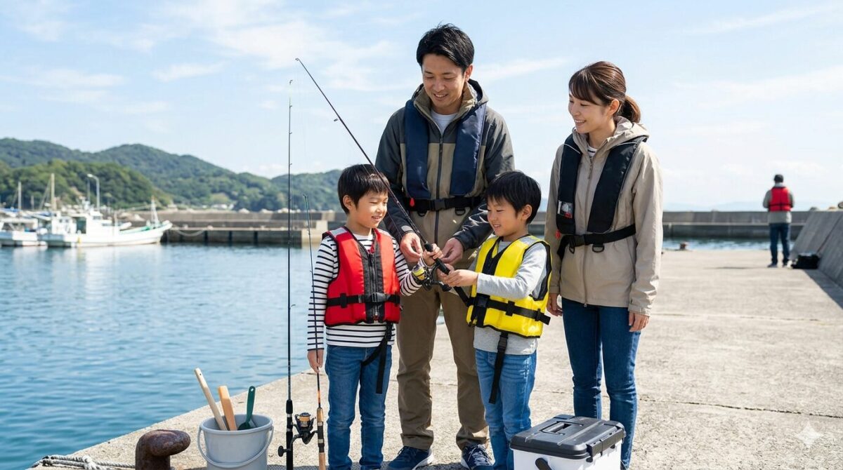 父親と母親が肩掛けタイプ、子供たちがベスト型のライフジャケットを着用し、安全に配慮している。