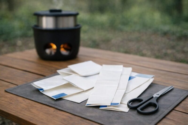 牛乳パック（紙パック）を燃料として準備する手順のイメージ。