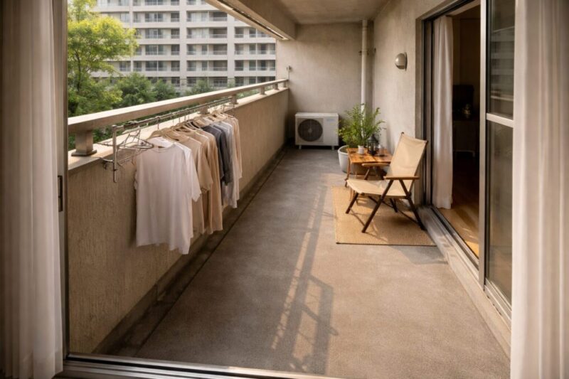 物干しとベランピングを両立した団地ベランダの配置イメージ