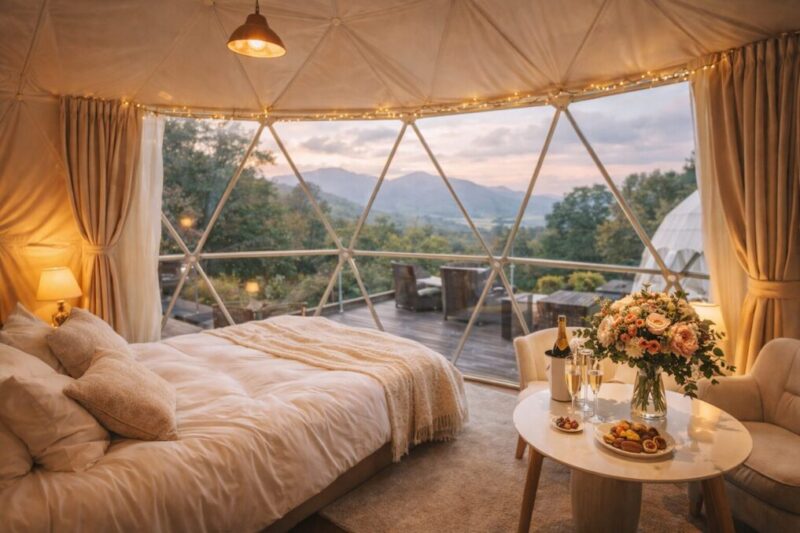 特別な記念日に合う、開放感のあるドーム型グランピング施設の内装