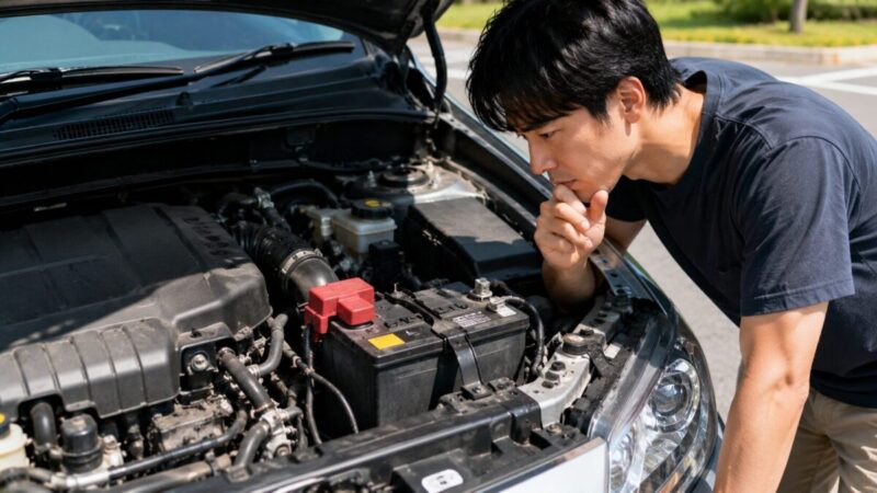 猛暑で劣化しやすい12Vバッテリーを点検する様子