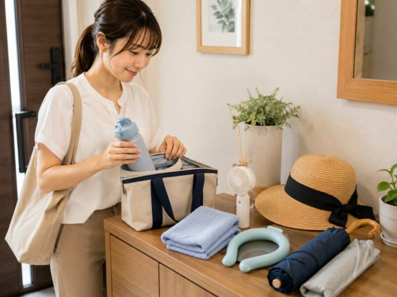 猛暑日に短時間だけ外出するための暑さ対策セットを玄関で準備する様子