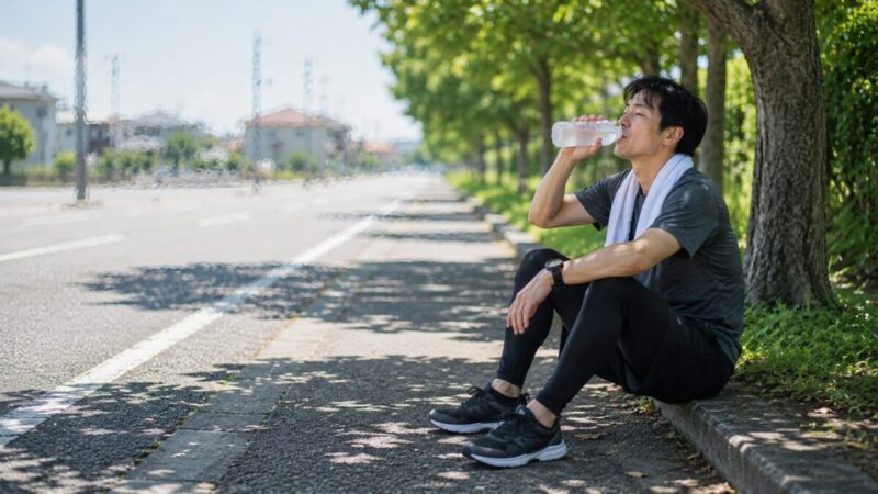 猛暑日の道路脇の日陰で水分補給をする男性
