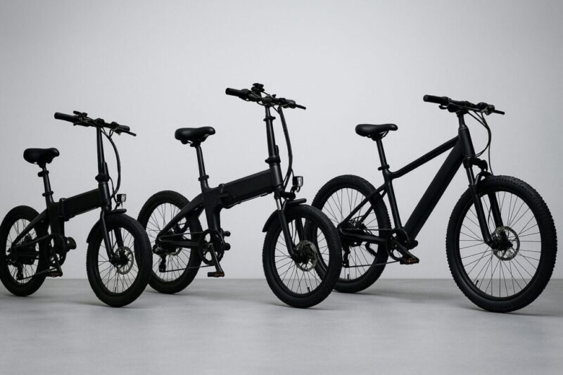 用途の異なる3タイプの無地eBikeを横並びにしたスタジオ写真。