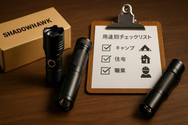 用途別にチェックリストを確認しながら、2本のタクティカル懐中電灯を前に購入するかどうか検討しているイメージ写真。