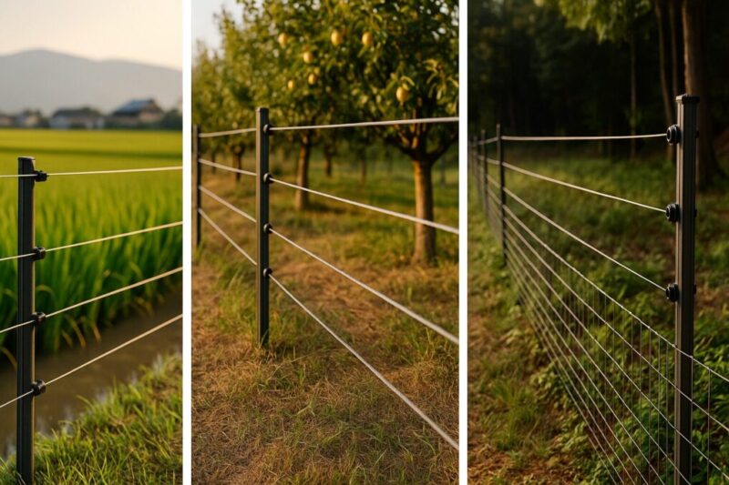 田んぼ・果樹園・林縁で段数や構造の異なる電気柵が使い分けられている様子を並べた写真。