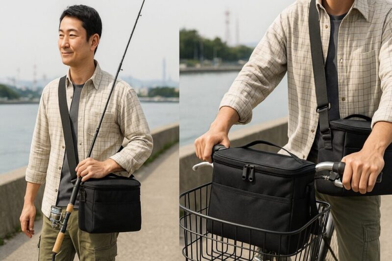 男性が無地の5Lソフトクーラーを斜めがけで携行し、前カゴに固定して自転車でも使う様子。
