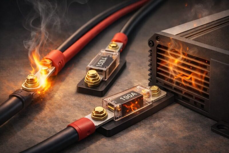 発熱しやすい配線やヒューズ、通気の大切さを示す安全対策イメージ