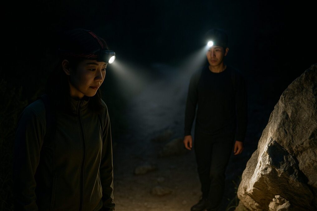 登山と現場の両立を想定した無地ヘッドライト使用イメージ。