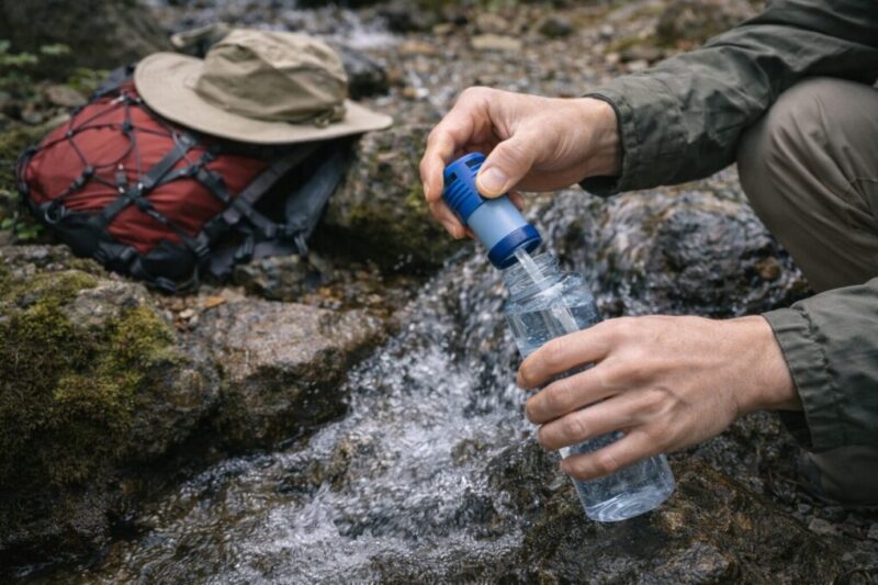 登山の水場で軽量な携帯浄水器を使って給水するイメージ